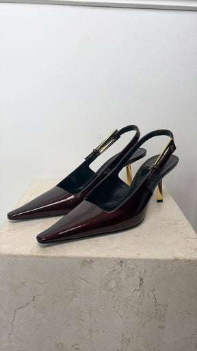 Saint Laurent Deep Burgundy Patent Slingback Pumps, 40