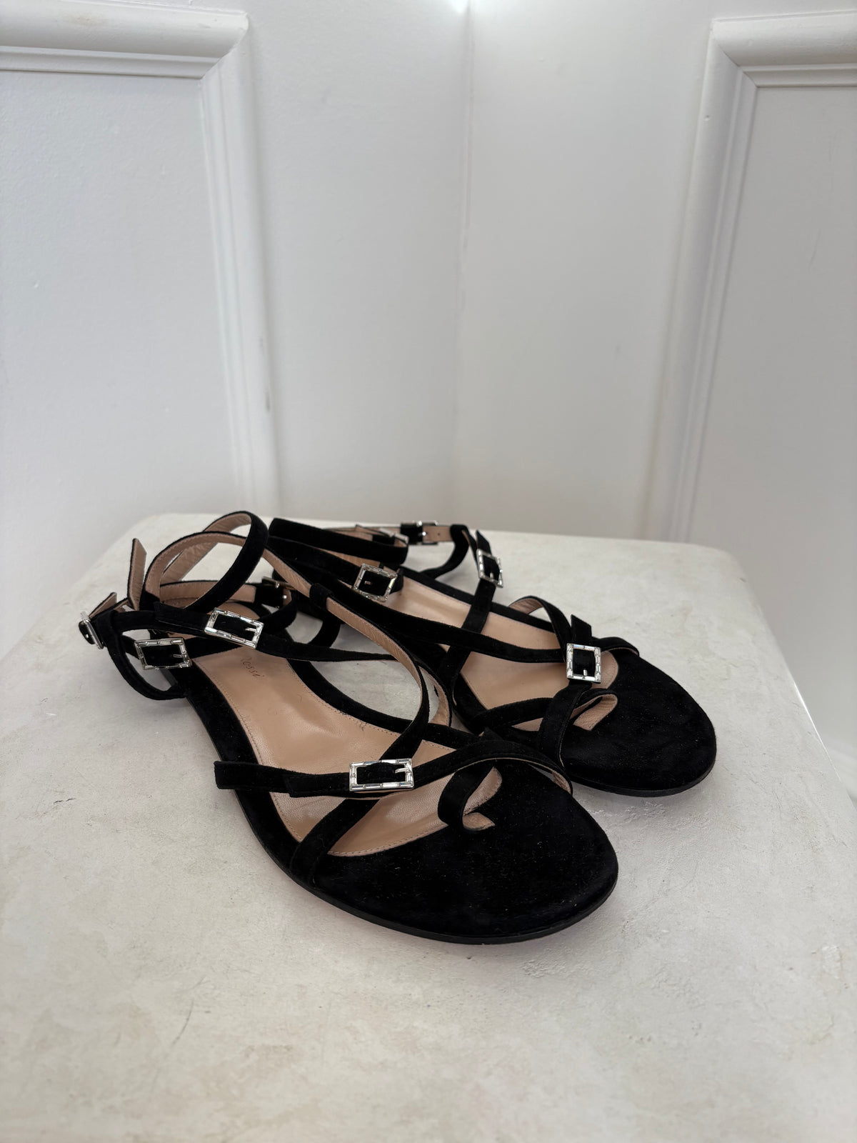 Gianvito Rossi Black Suede Crystal Ankle Wrap Flats, 39.5
