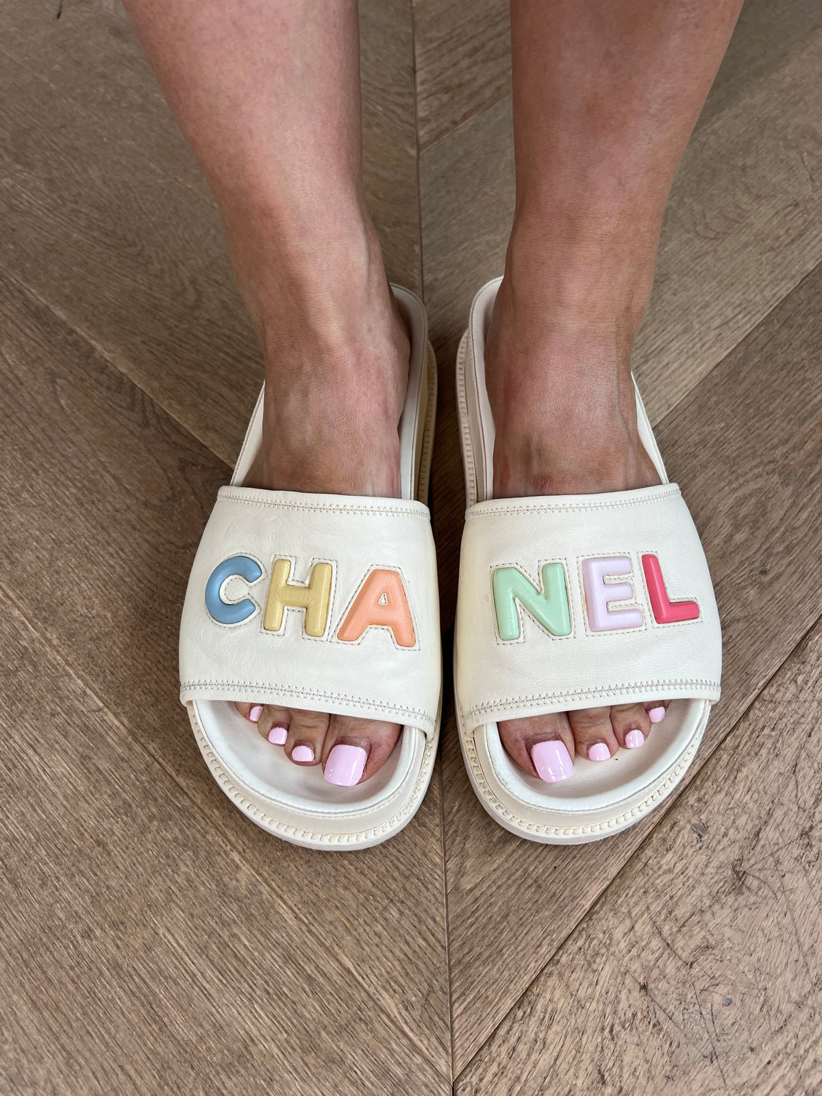 Chanel Cream Leather Pastel Logo Slides, 40