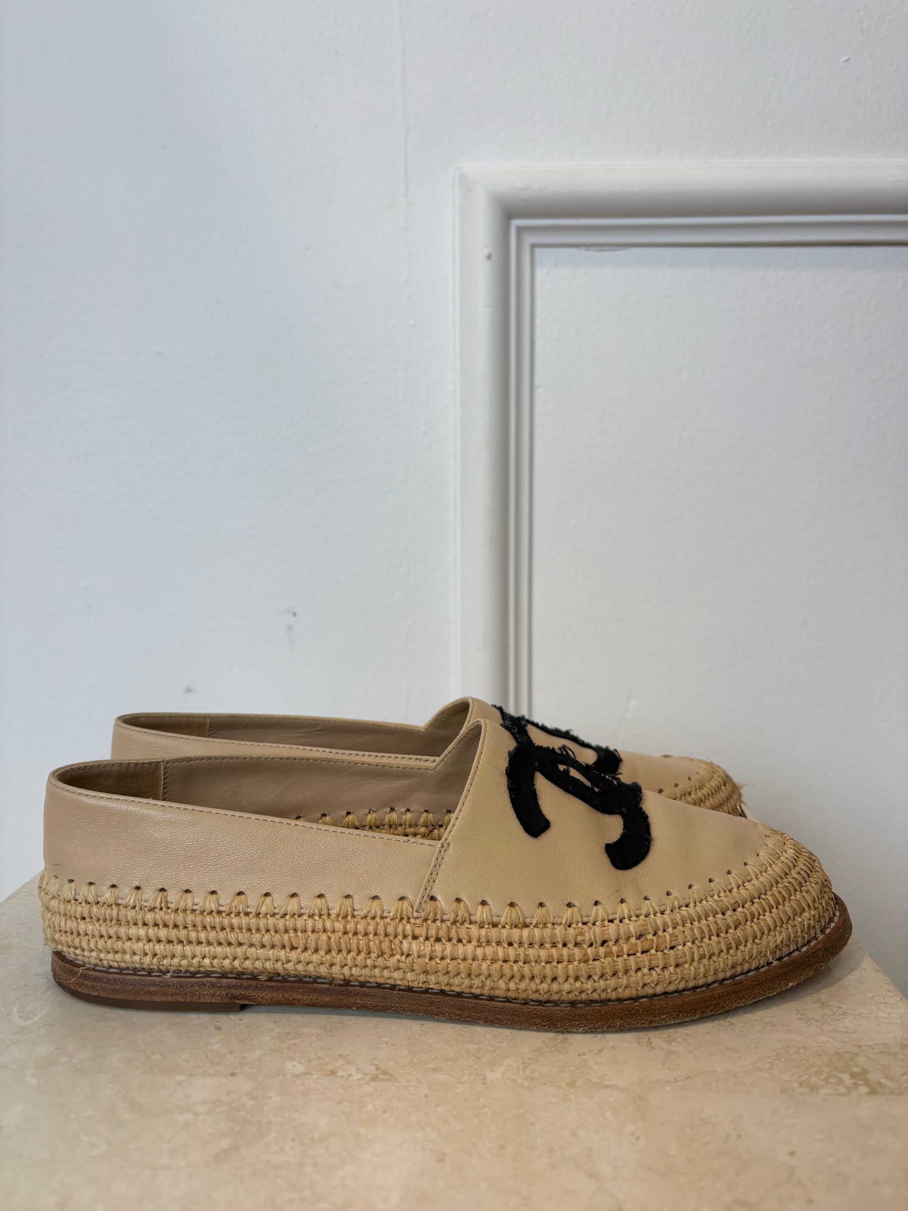 Chanel Beige Leather and Raffia Logo Loafer, 37