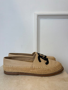 Chanel Beige Leather and Raffia Logo Loafer, 37