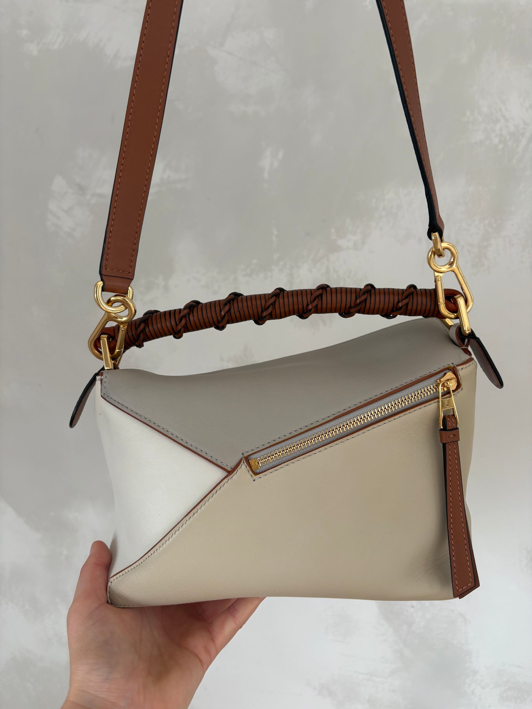 Loewe Cream, Grey and Tan Leather Puzzle Edge Medium Bag with Braided Handle