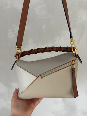 Loewe Cream, Grey and Tan Leather Puzzle Edge Medium Bag with Braided Handle