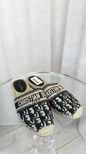 Dior Blue and Beige Oblique Logo Espadrille Mules, 41