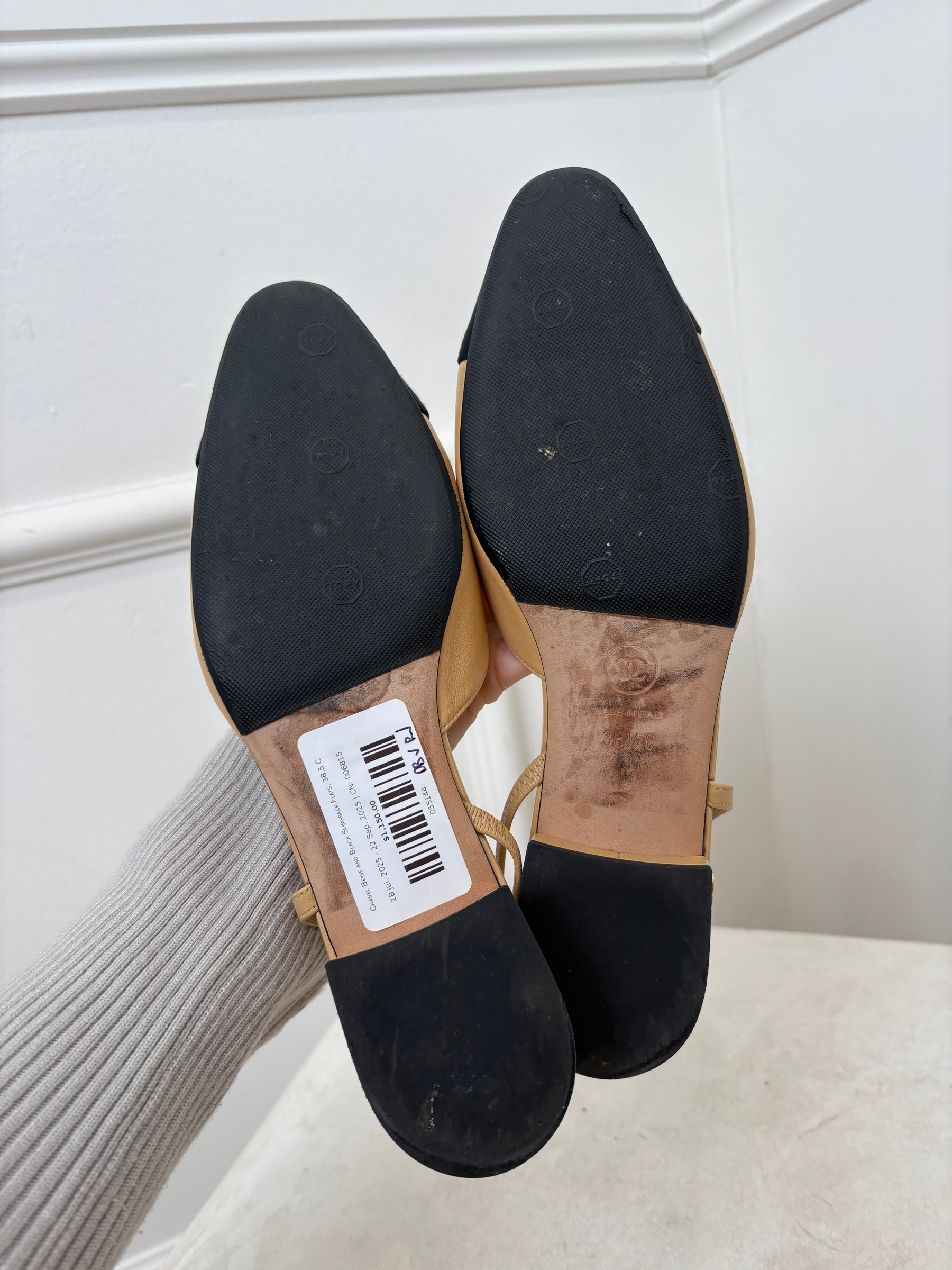 Chanel Beige and Black Slingback Flats, 38.5 C