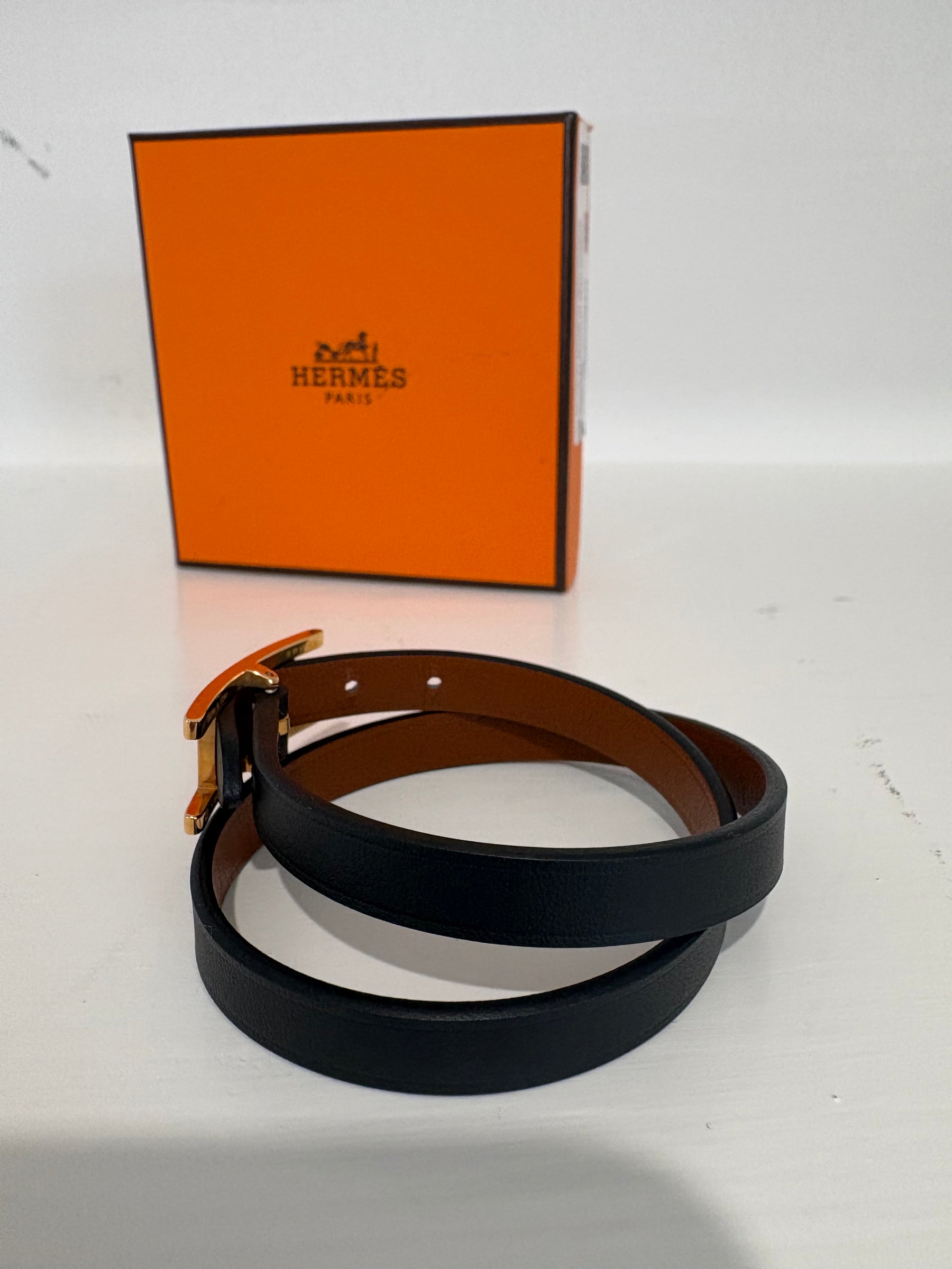 Hermès Black Leather and Rose Gold Behapi Wrap Bracelet, T2
