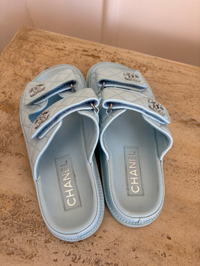 Chanel Blue Leather Backless Dad Sandals, 35.5C