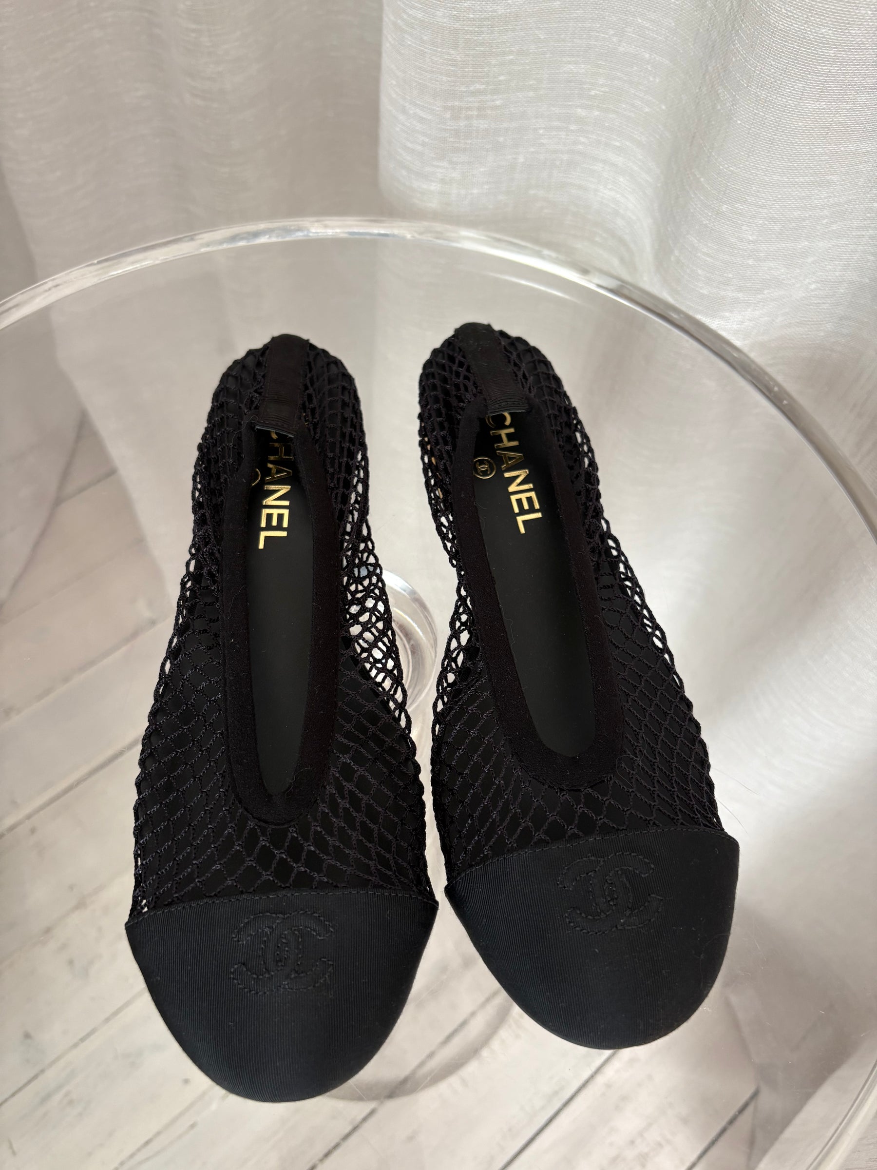 Chanel Black Net Ballet Flat with Gold Heel, 41