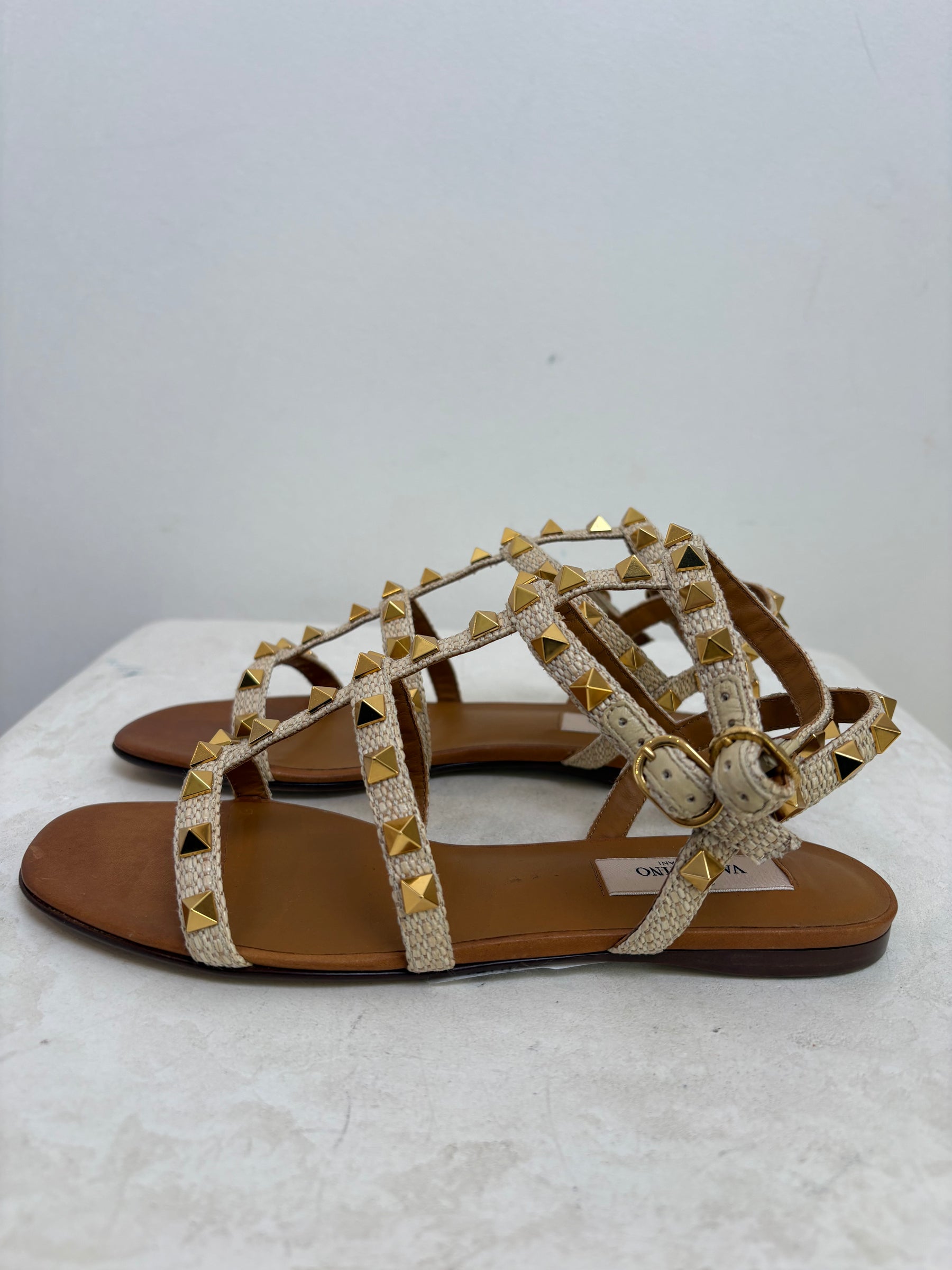 Valentino Garavani Natural Raffia Rockstud Caged Sandals, 36