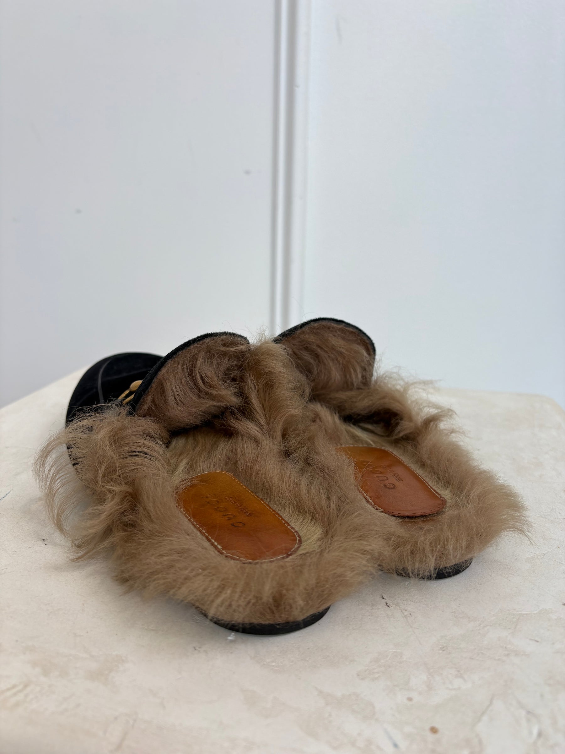 Gucci Black Velvet Shearling Mules, 38