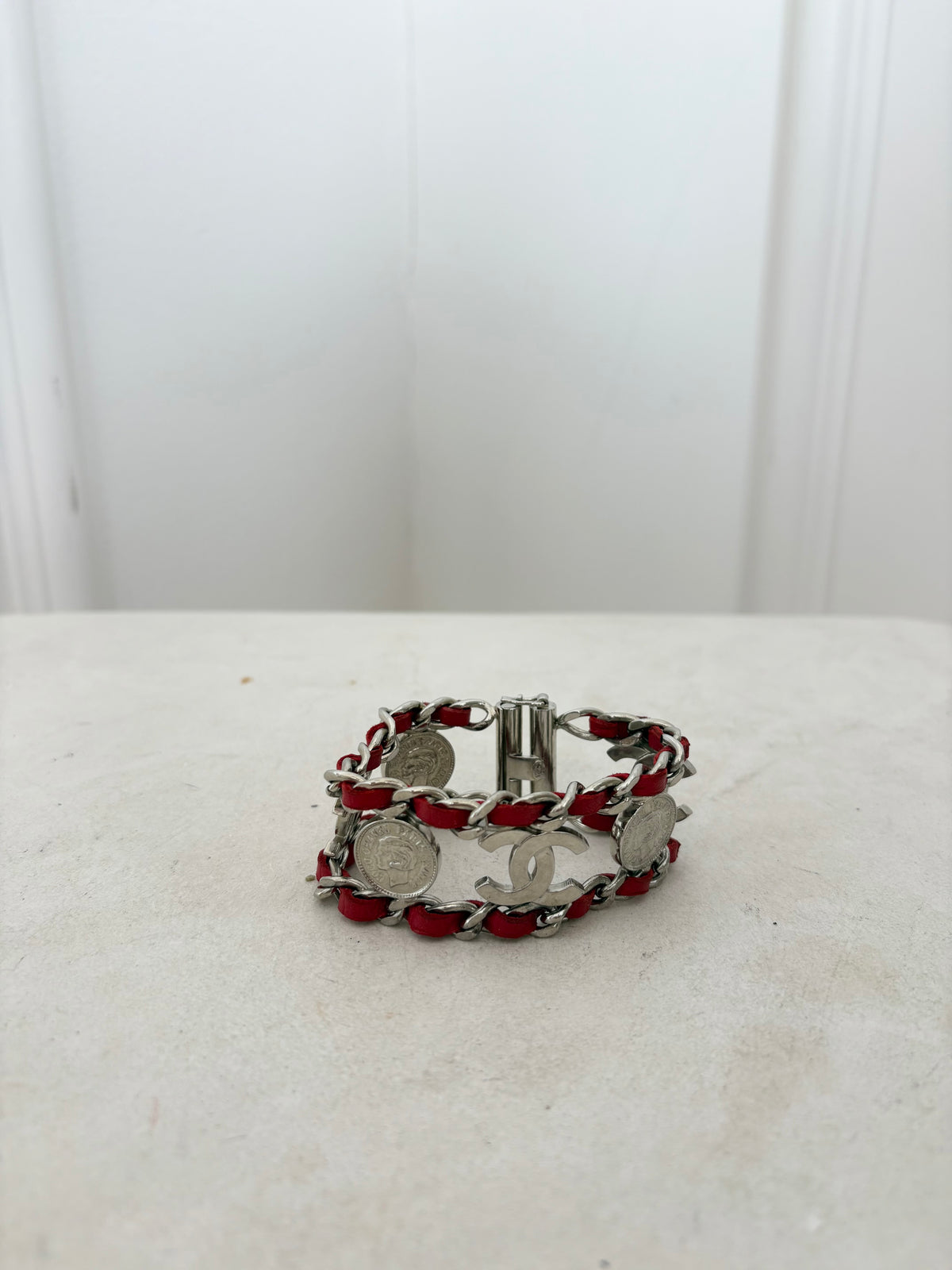 Chanel Red Leather and Silver Logo Chain Bracelet
