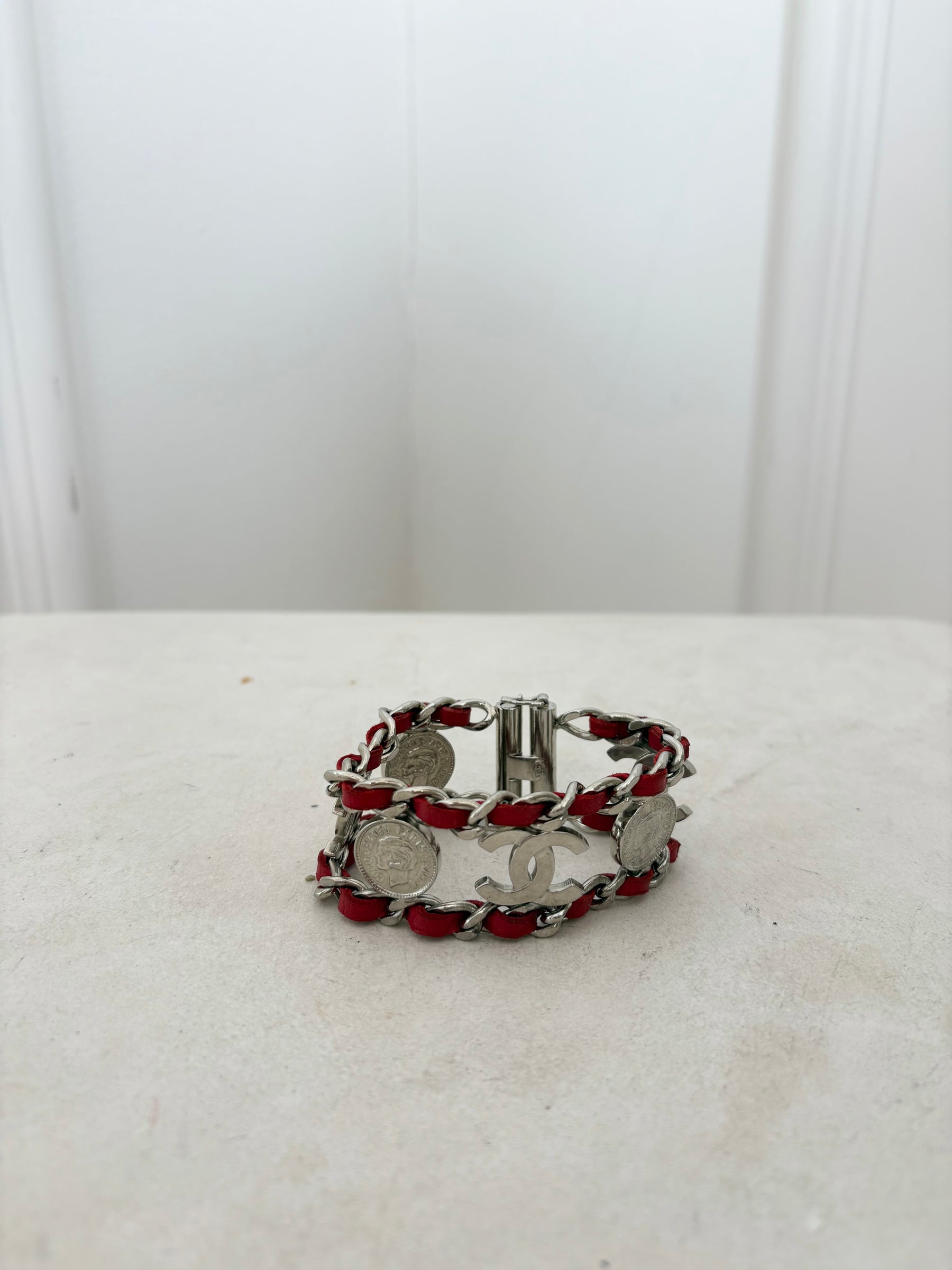 Chanel Red Leather and Silver Logo Chain Bracelet