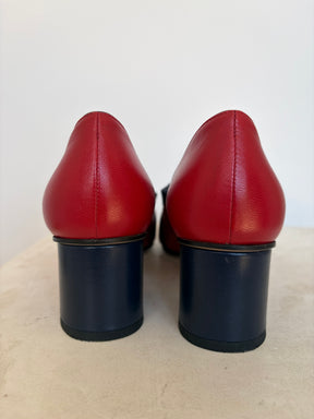 Gucci Red and Navy Fringed Leather Marmont Pumps, 39