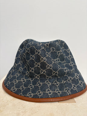 Gucci Indigo Monogram Denim Bucket Hat with Tan Leather Trim, 58