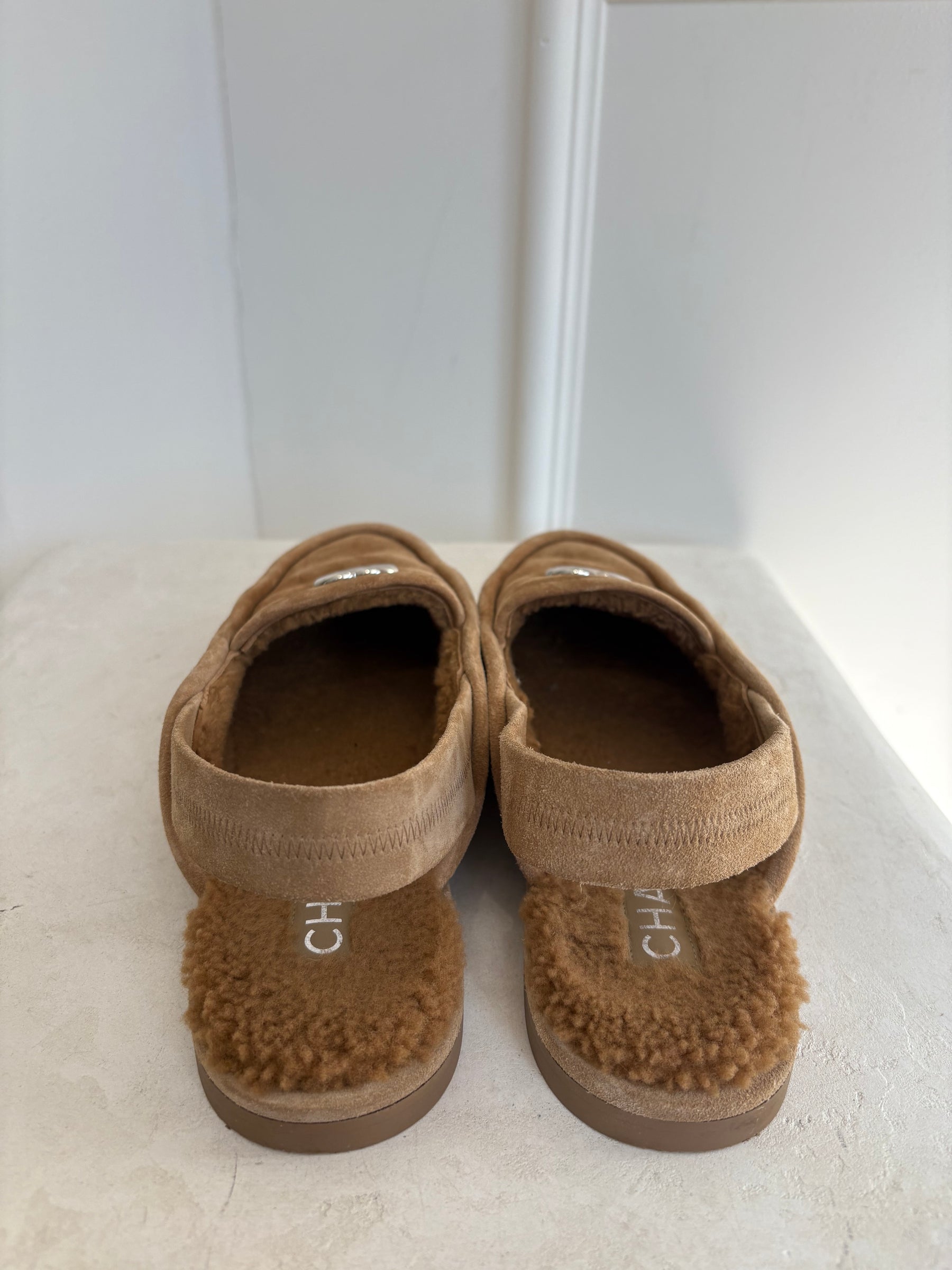 Chanel Beige Suede Shearling Slingback Loafers, 41C