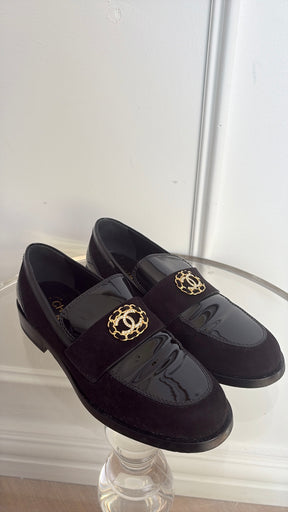 Chanel CC Black Patent And Suede Loafers, 39.5 C