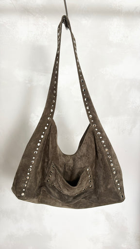 gimaguas Khaki Suede Studded Shoulder Maxi Franca Bag