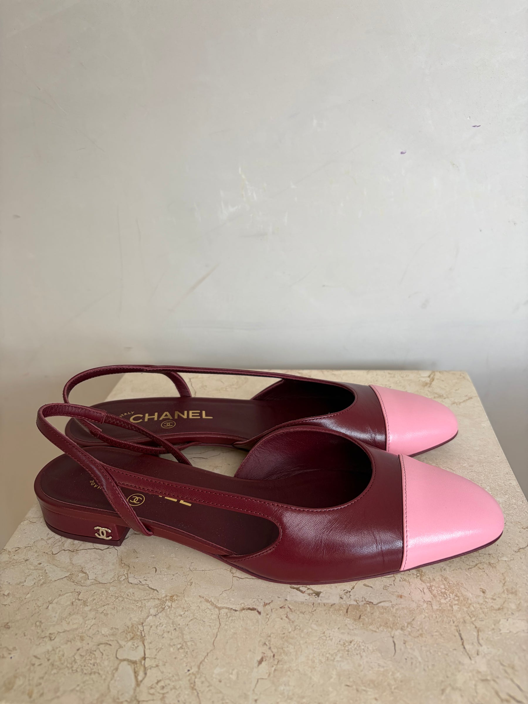 Chanel Burgundy And Pink Slingback Ballet Flats, 39 C