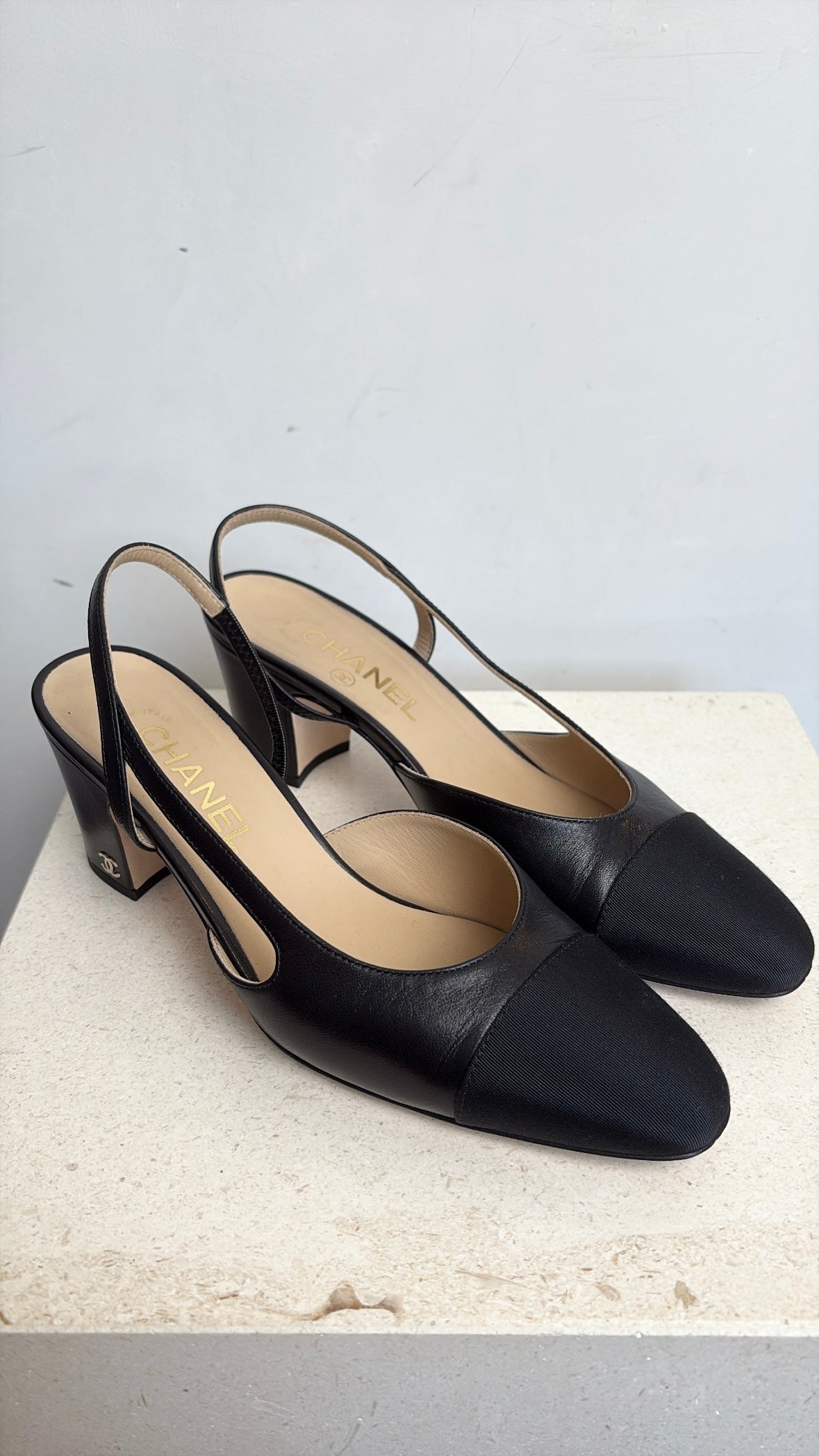 Chanel Black Leather and Grosgrain Slingback Heels, 38.5