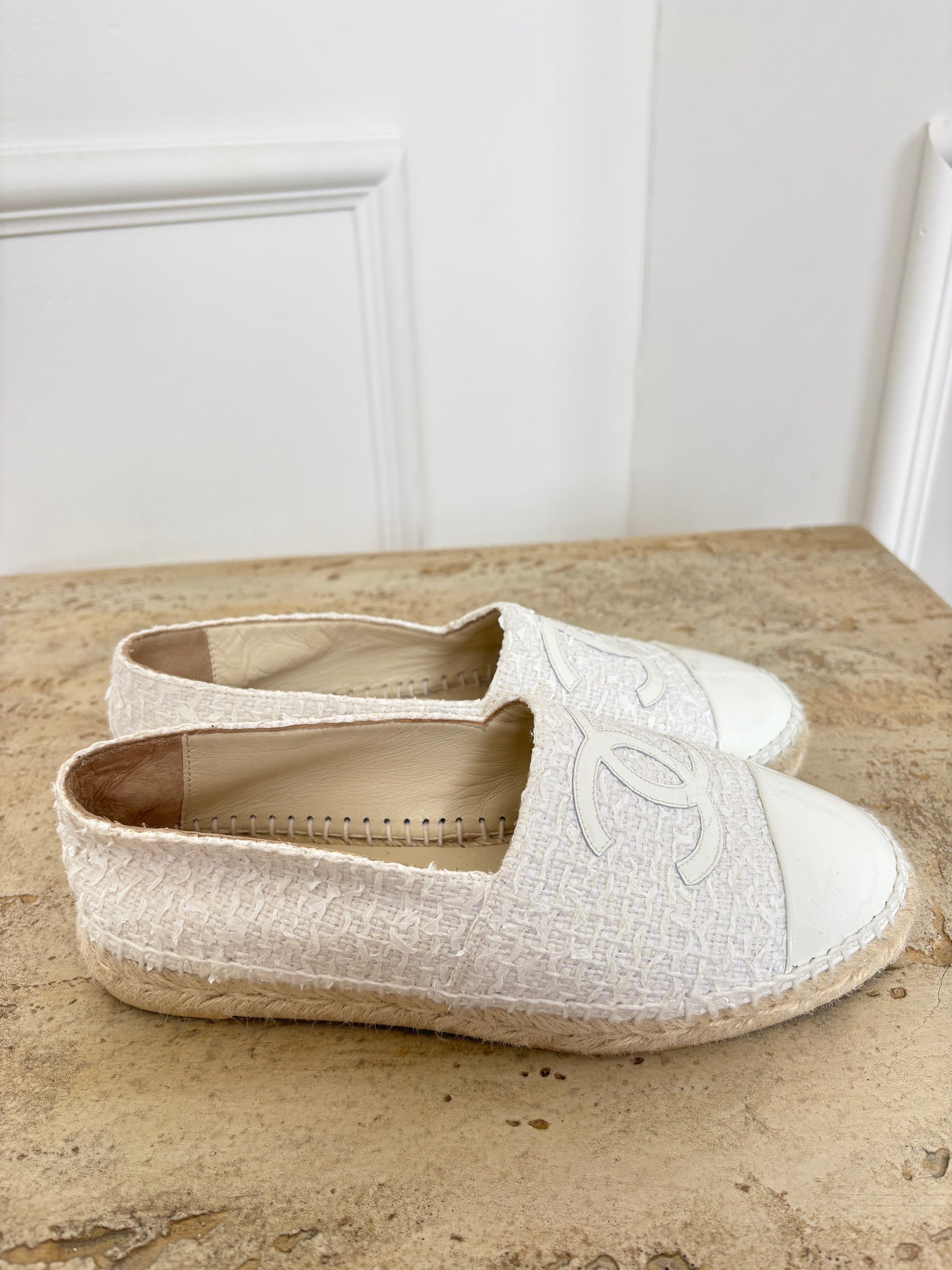 Chanel White Tweed and Patent Leather Logo Espadrilles, 37