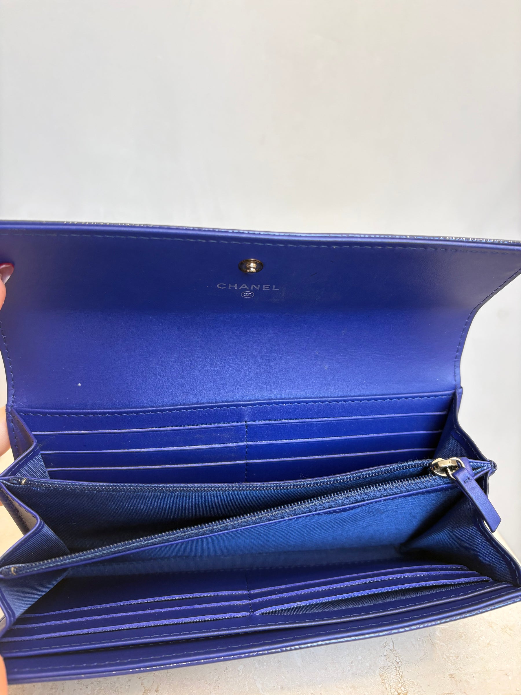 Chanel Purple Grained Patent Leather Flap Logo Wallet