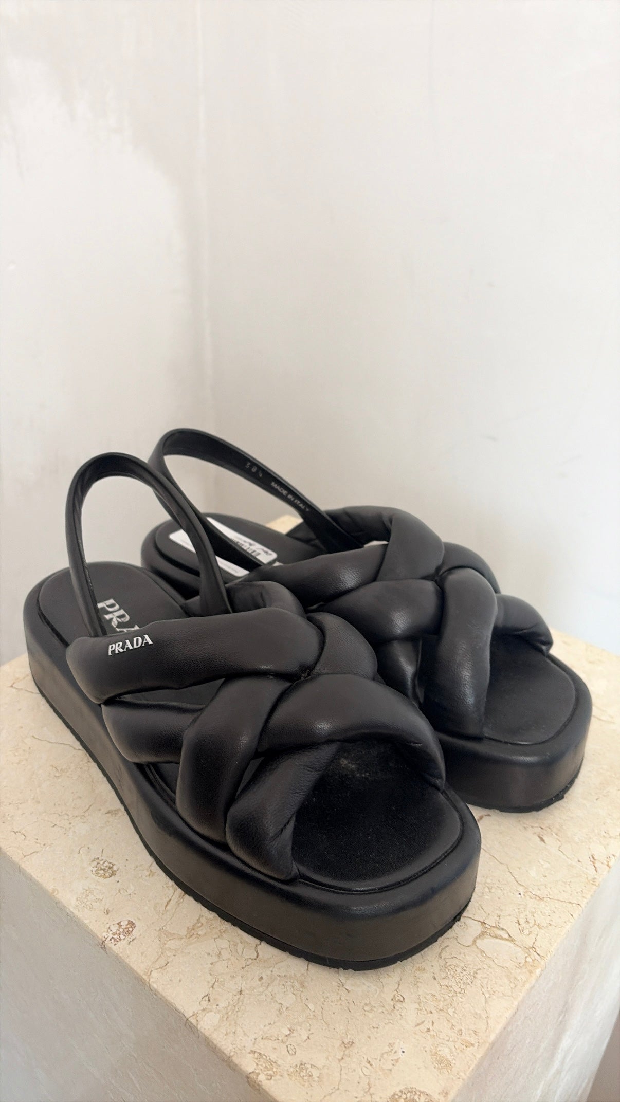 Prada Black Puffy Leather Logo Platform Sandals, 38.5