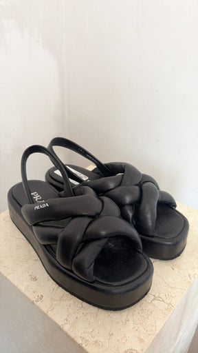 Prada Black Puffy Leather Logo Platform Sandals, 38.5