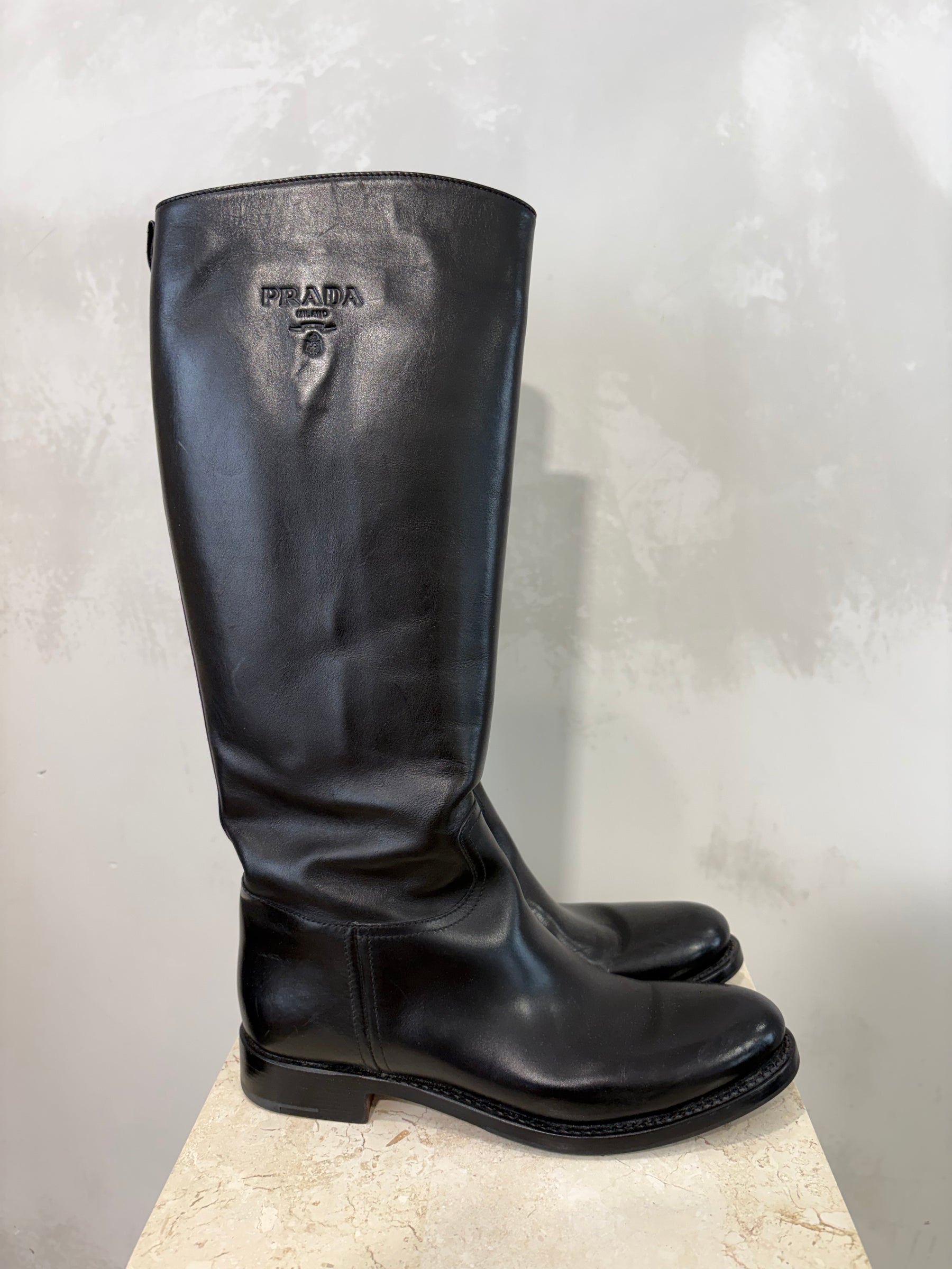 Prada Black Leather Knee High Boots, 40