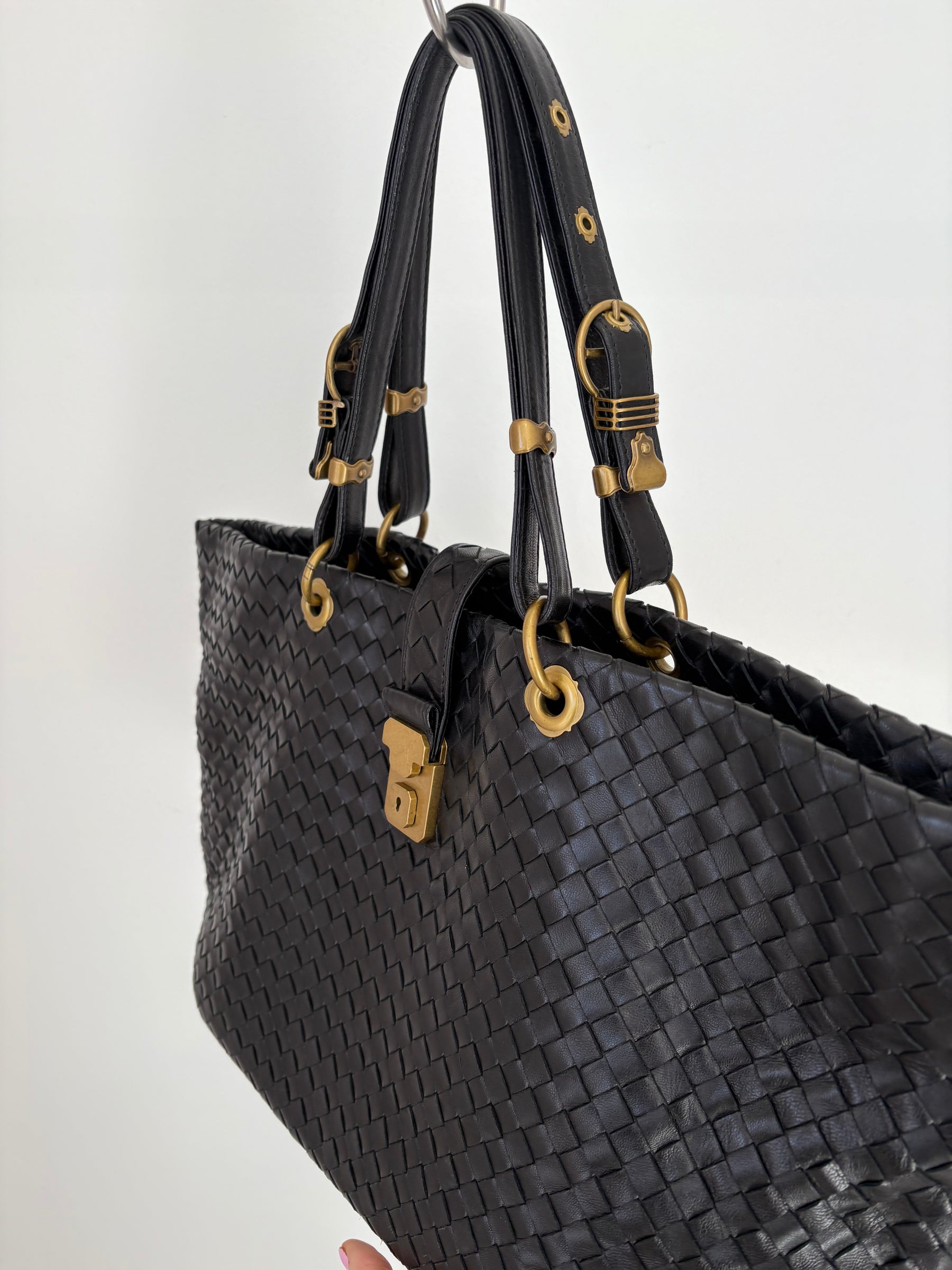 Bottega Veneta Black Intrecciato Leather Buckle Tote