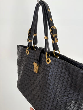 Bottega Veneta Black Intrecciato Leather Buckle Tote