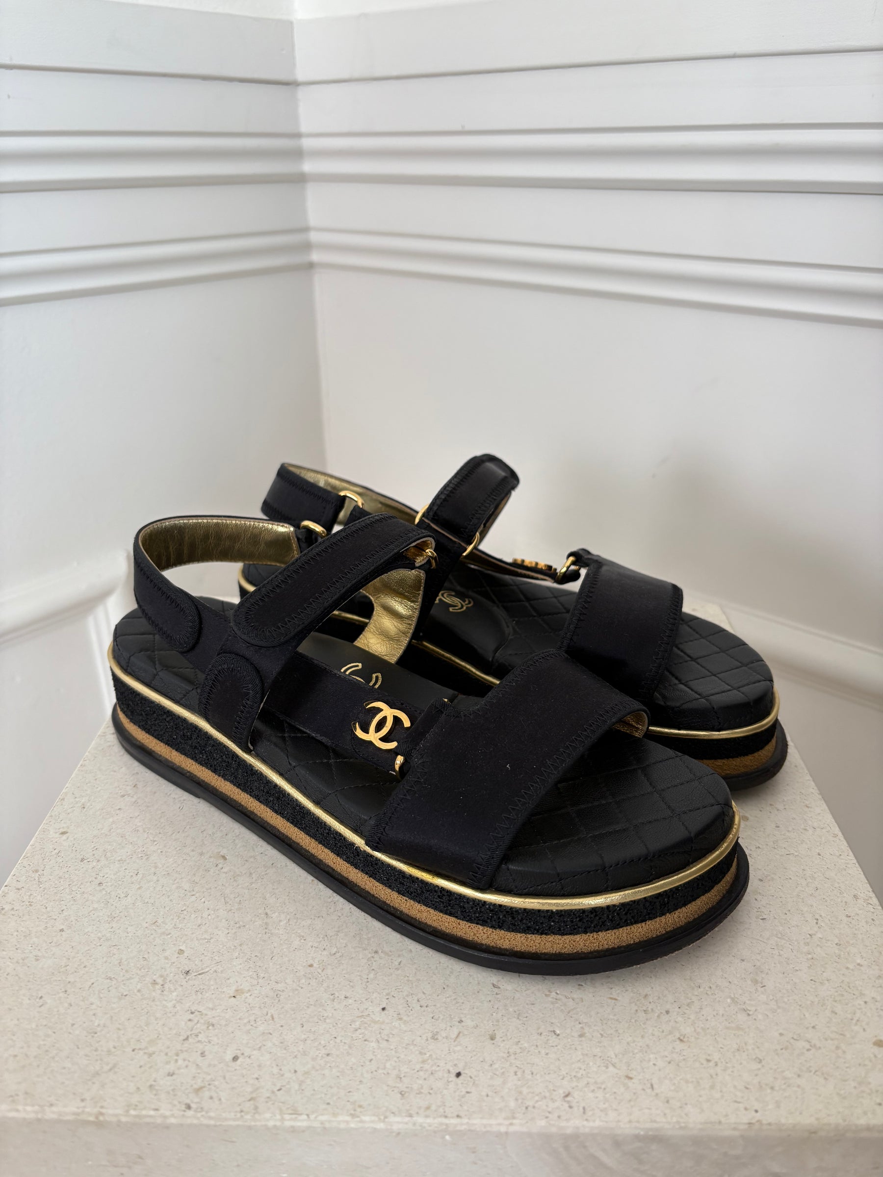 Chanel Black Satin Strappy Platform Sandal, 38.5 C