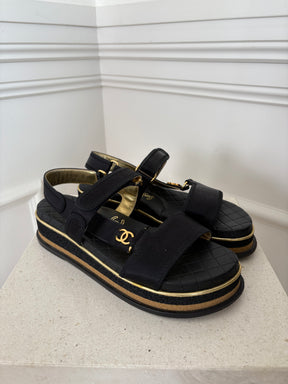 Chanel Black Satin Strappy Platform Sandal, 38.5 C