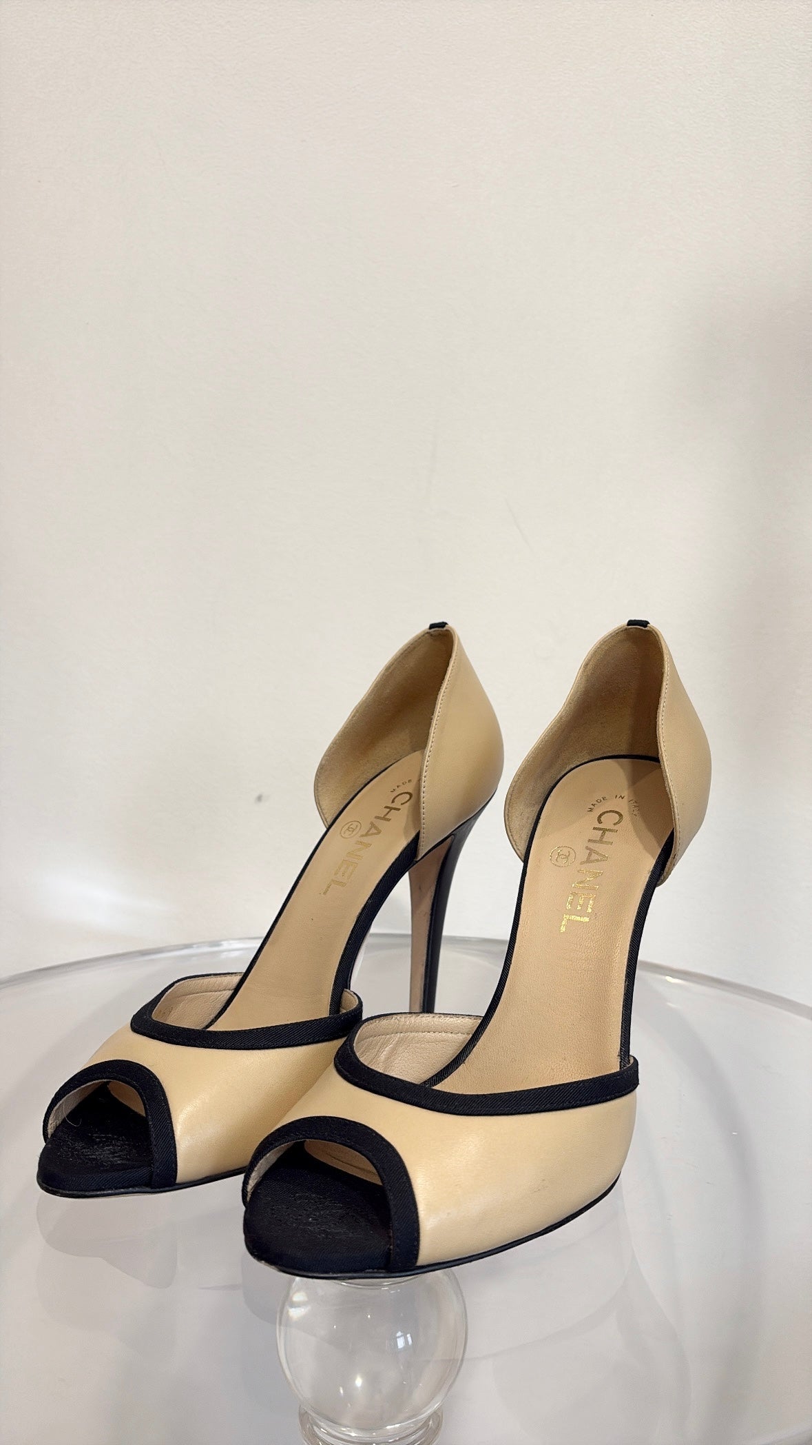 Chanel Beige and Black Peep Toe Pumps, 40 C