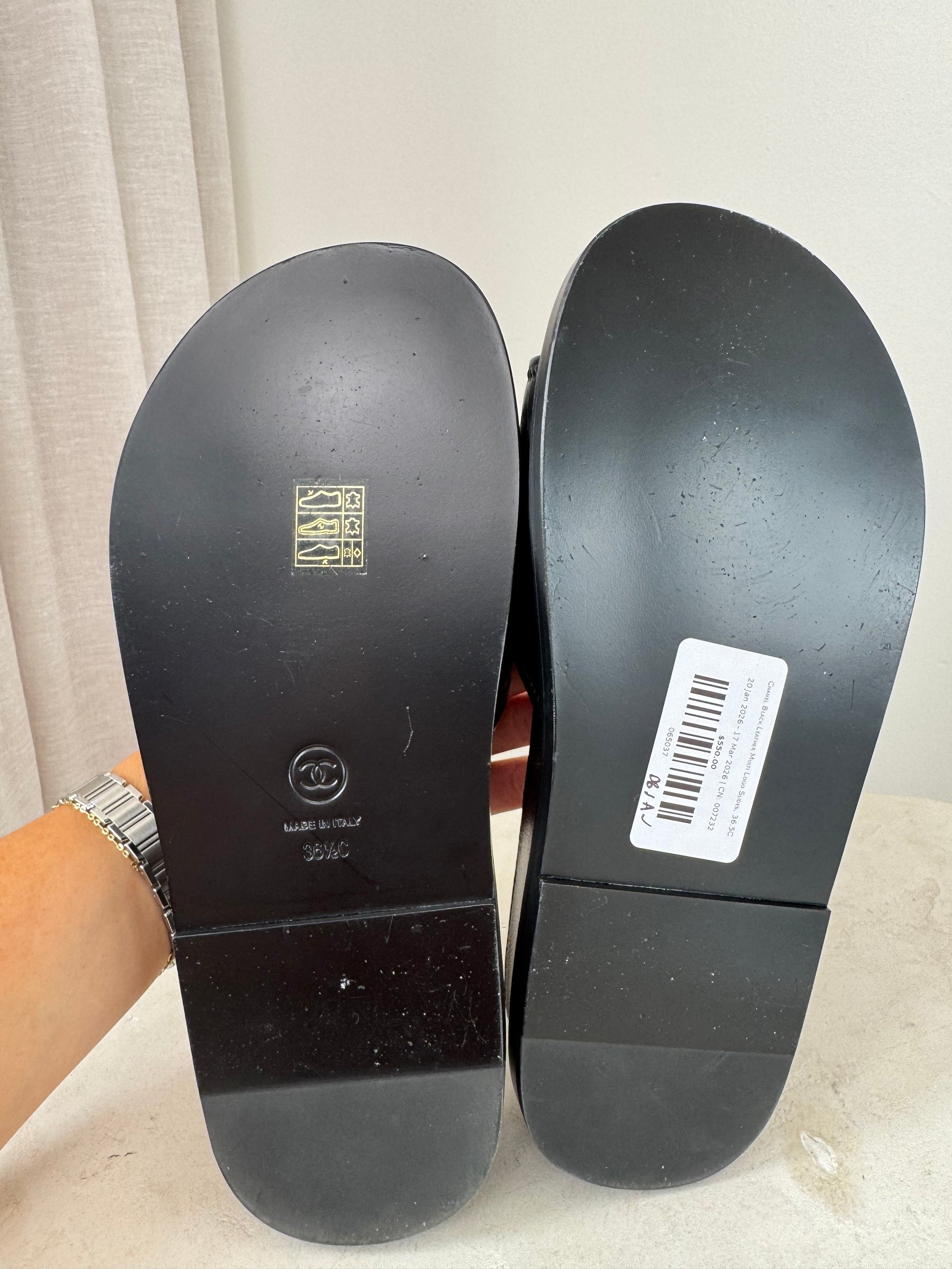 Chanel Black Leather Multi Logo Slides, 36.5C