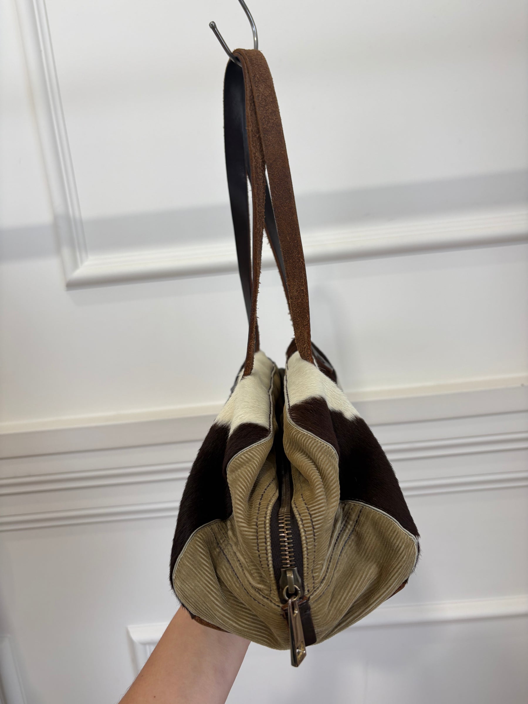 Miu Miu Cow Hide, Corduroy and Leather Shoulder Bag