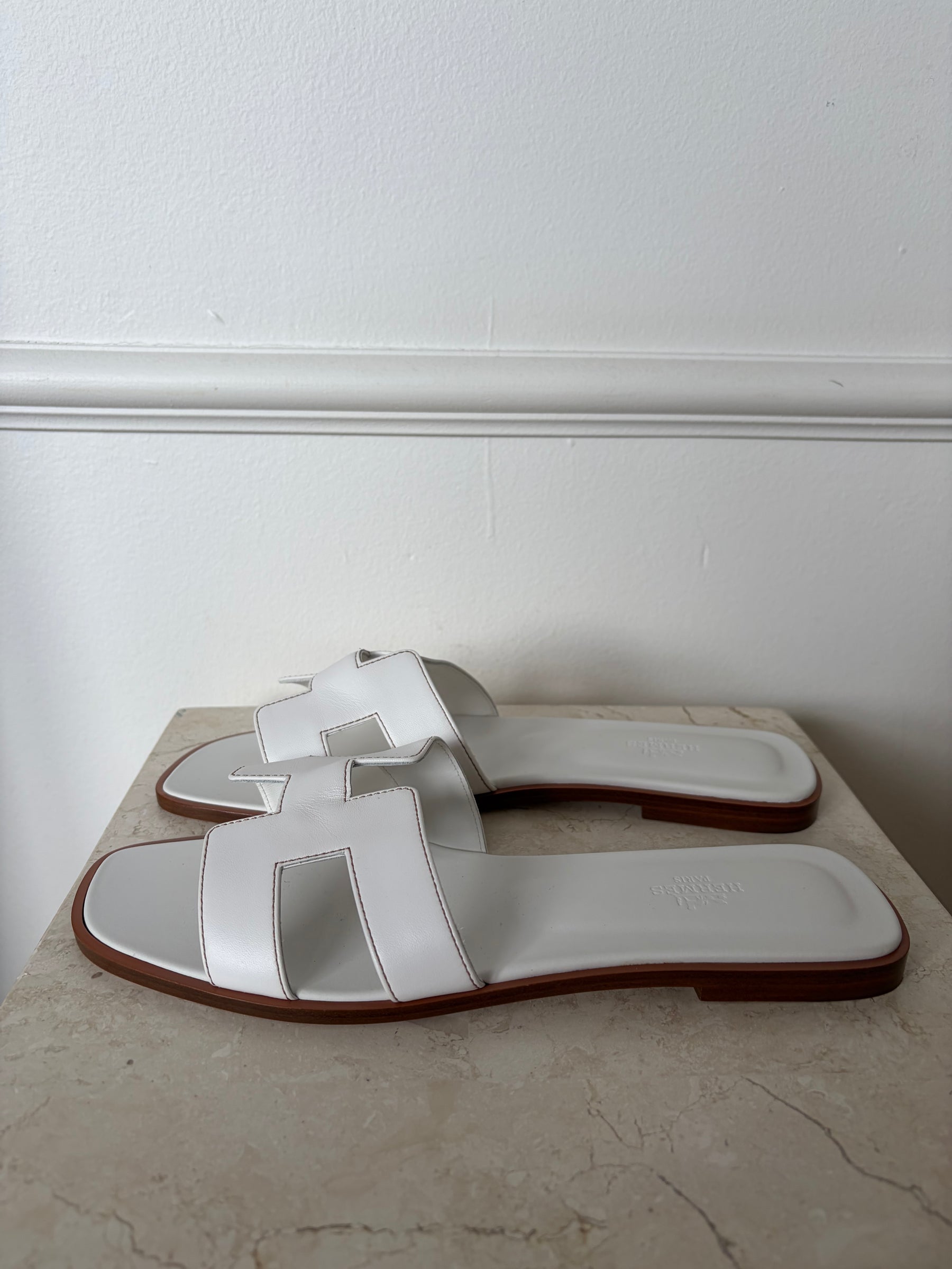 Hermès White Oran Sandals, 41