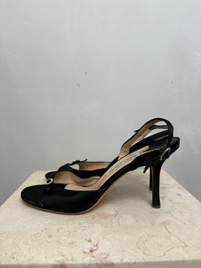 Jimmy Choo Black Satin Sling Back Heels With Crystal Detail, 41