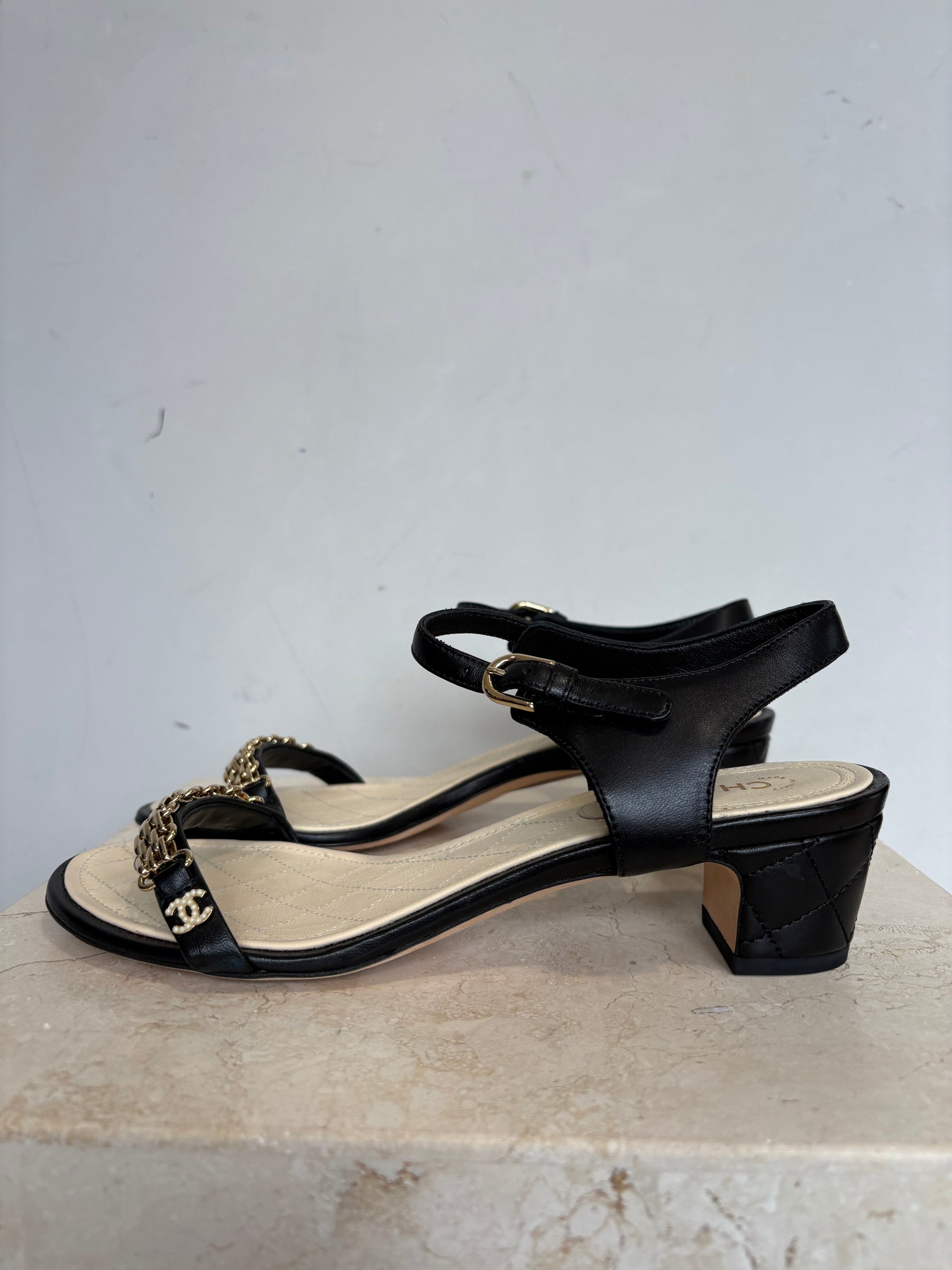 Chanel Black Leather Gold Chain Heeled Sandals, 38