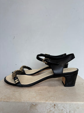 Chanel Black Leather Gold Chain Heeled Sandals, 38