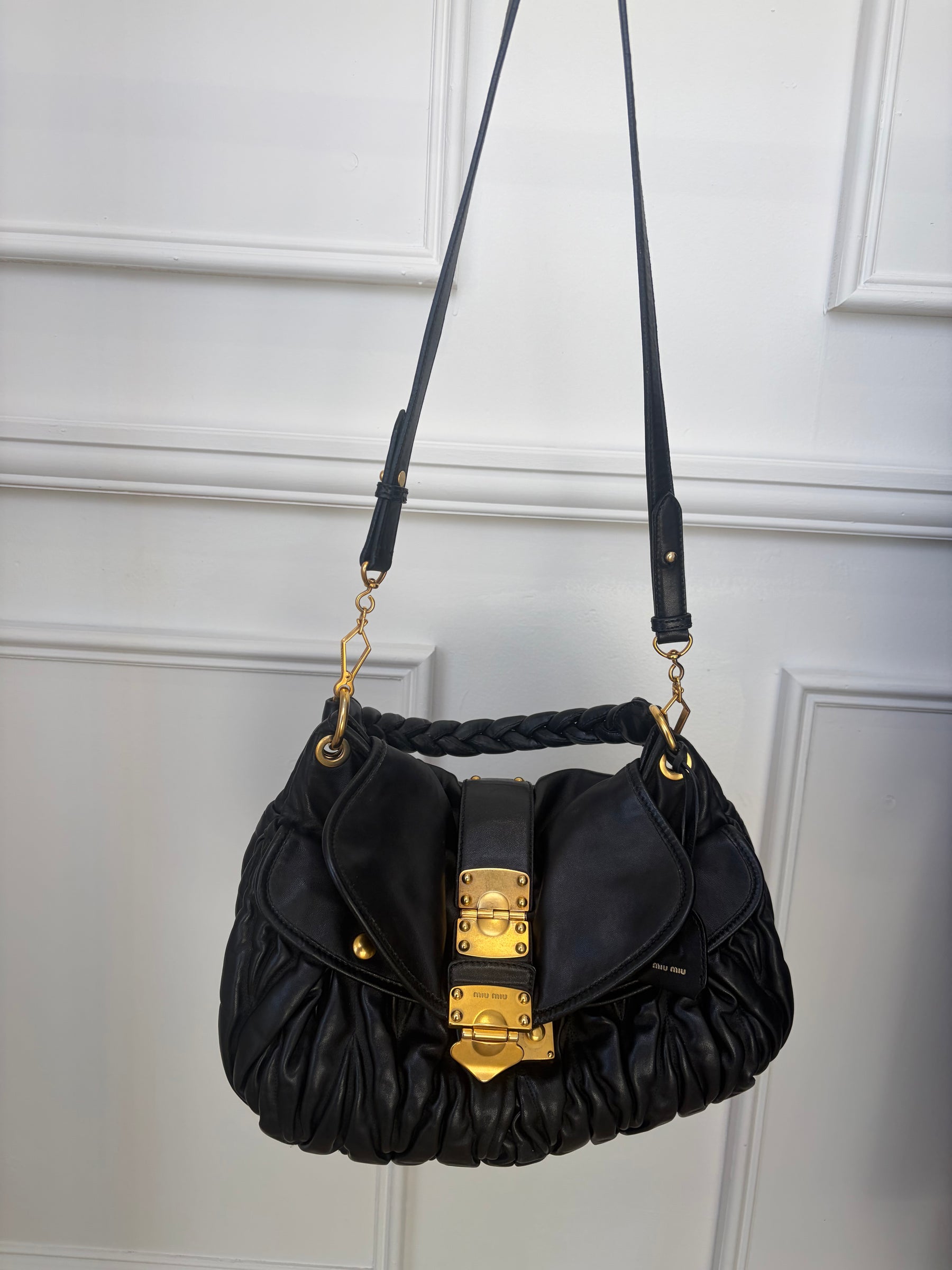 Miu Miu Black Leather Matelasse Coffer Hobo Bag