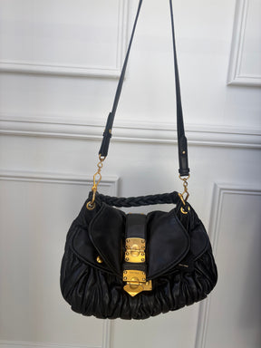 Miu Miu Black Leather Matelasse Coffer Hobo Bag
