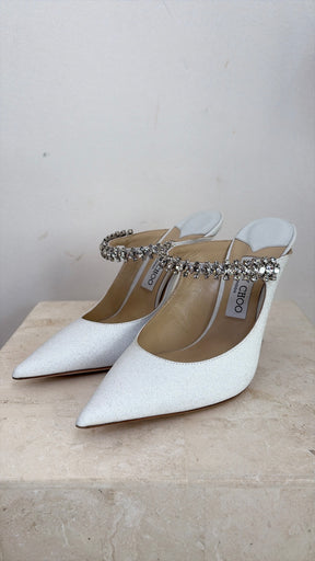 Jimmy Choo White Glitter Crystal Bing Mules, 38