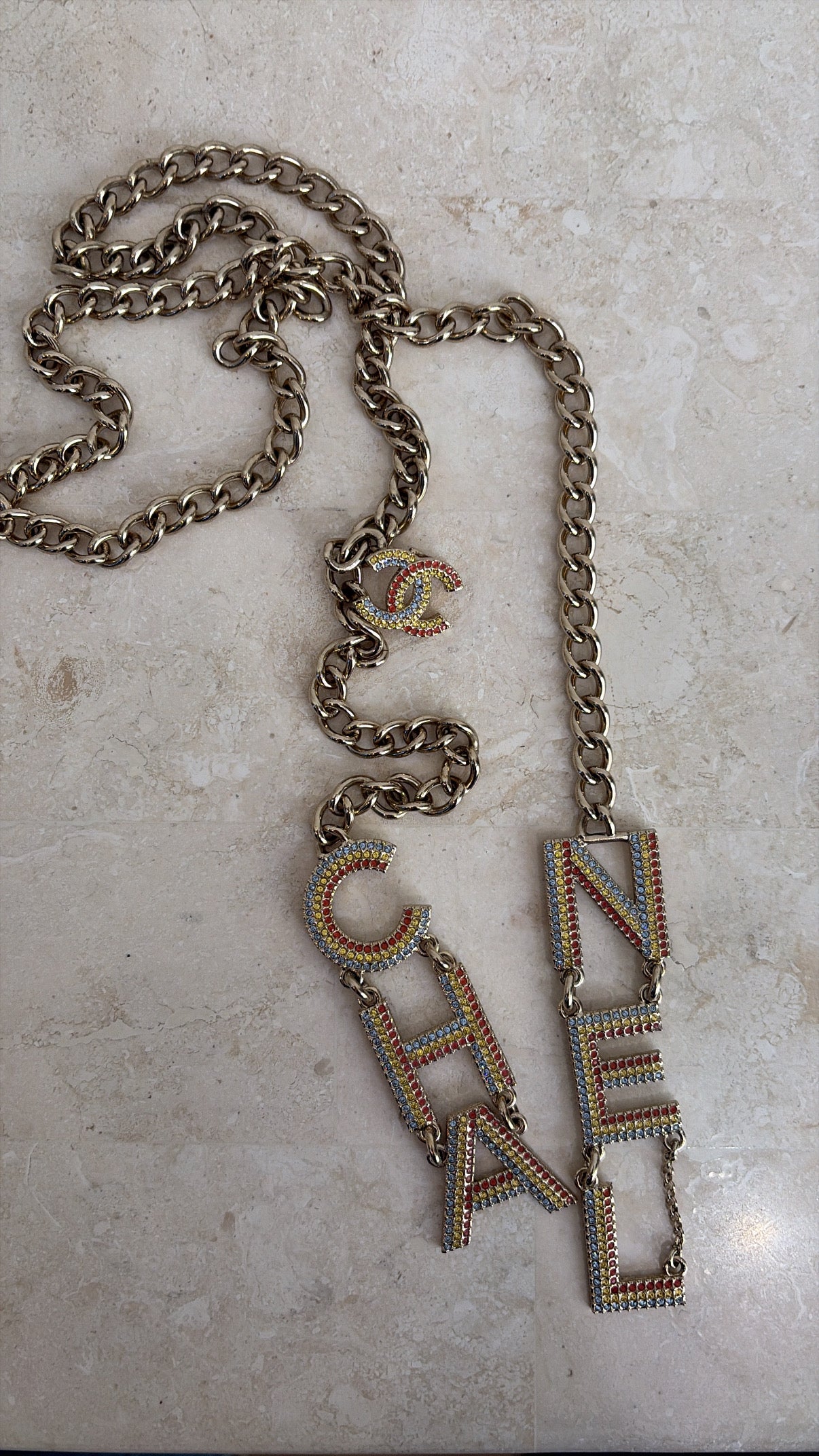 Chanel Champagne Chain Multi Crystal Logo Drop Necklace