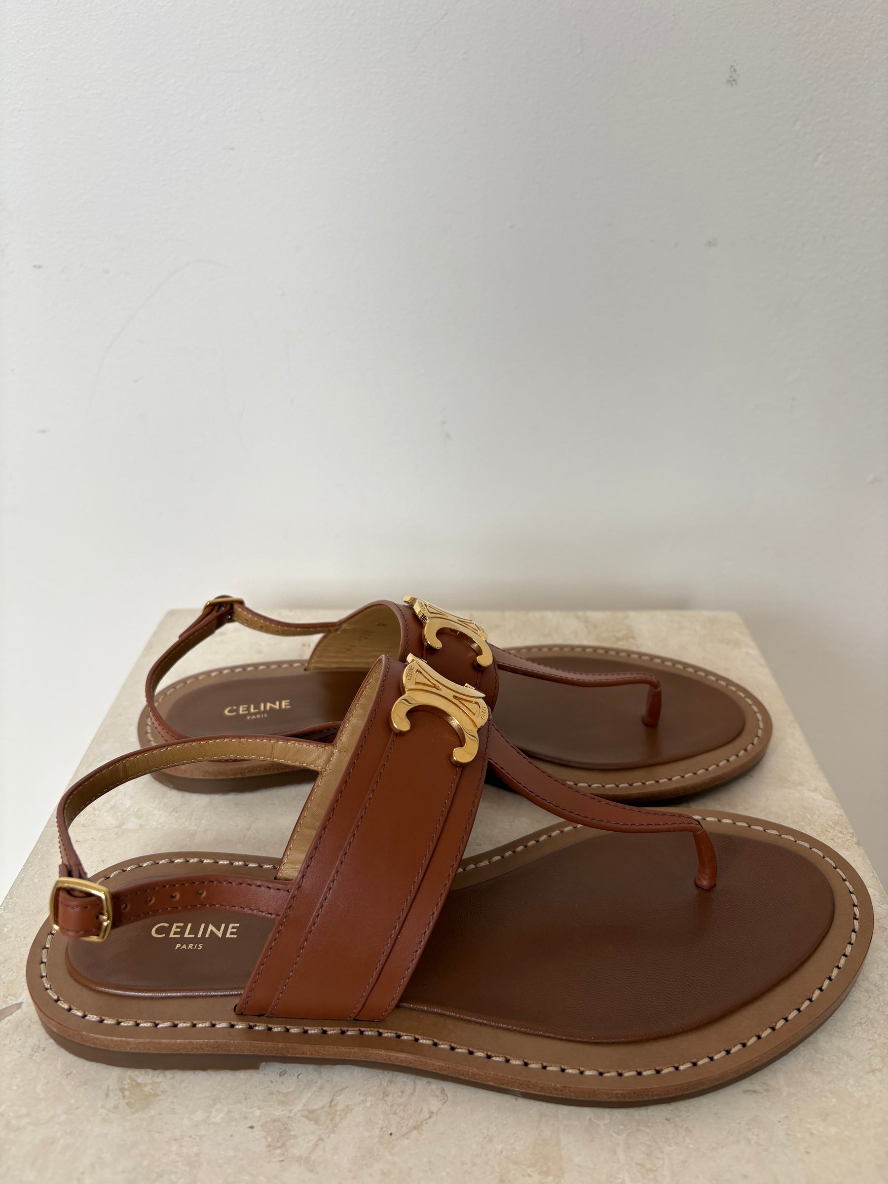 Celine Lympia Triomphe Leather Thong, 38