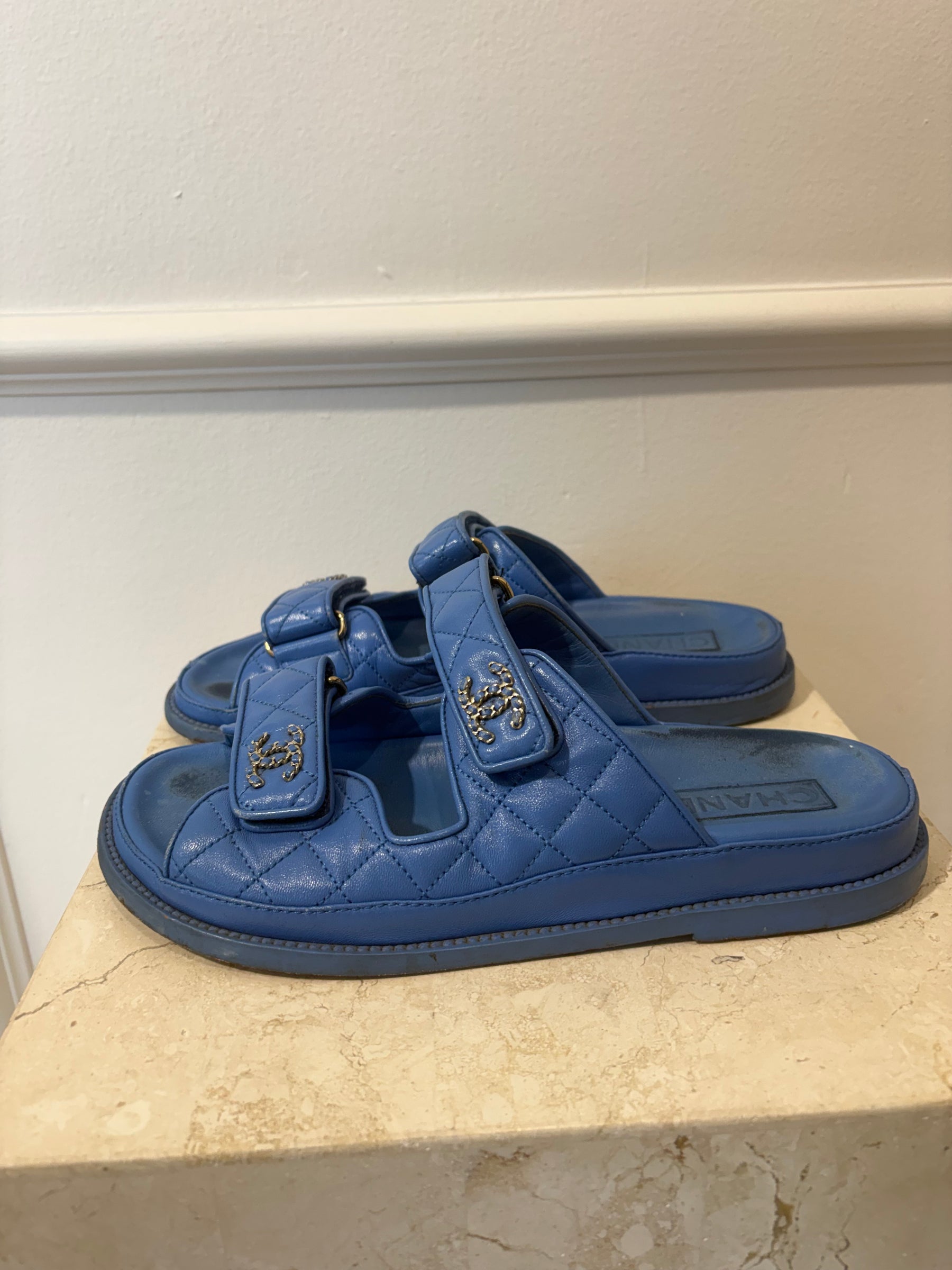 Chanel Sky Blue Quilted Leather Backless Dad Sandals, 39C