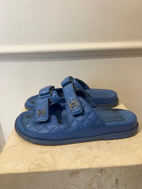 Chanel Sky Blue Quilted Leather Backless Dad Sandals, 39C