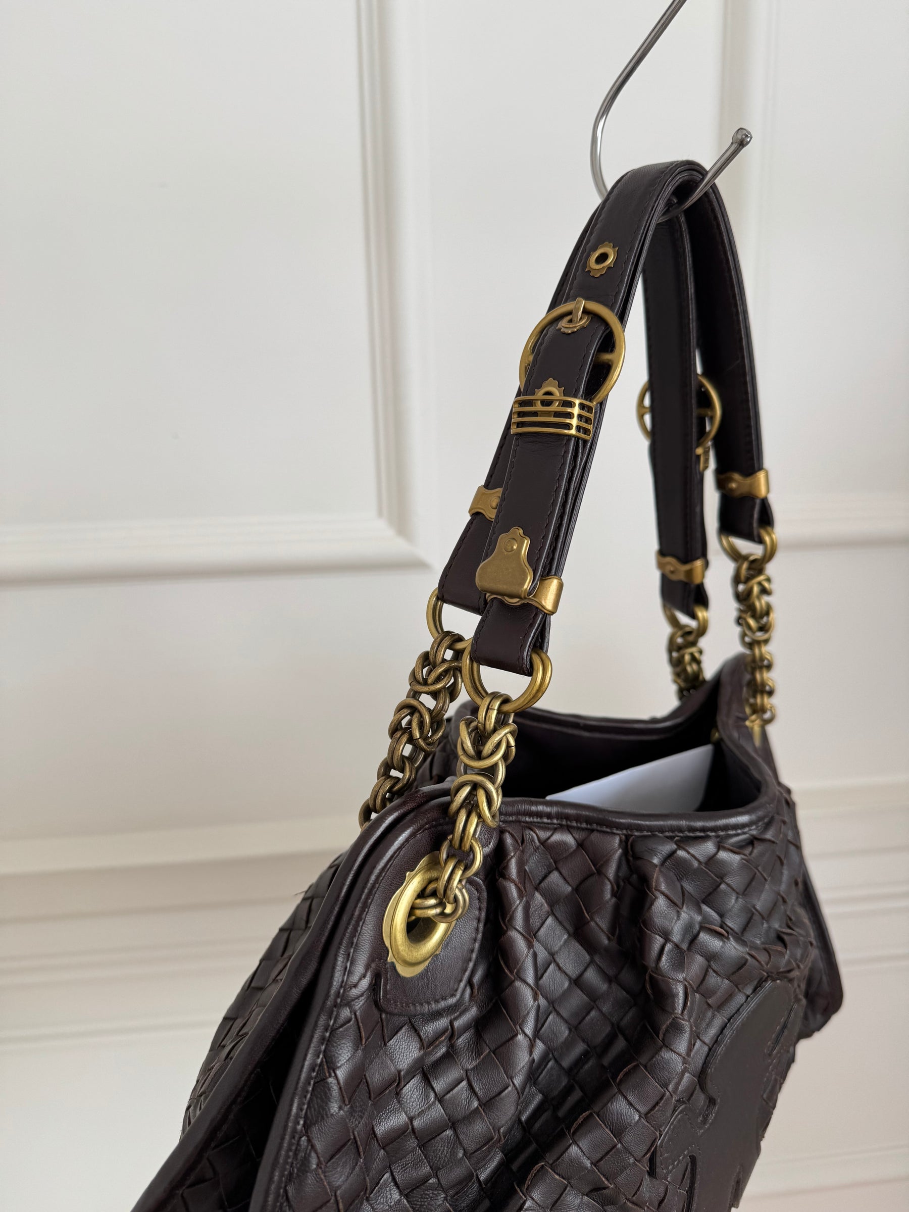 Bottega Veneta Brown Intrecciato Leather Chain Shoulder Bag with Leather Applique