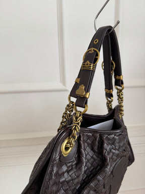 Bottega Veneta Brown Intrecciato Leather Chain Shoulder Bag with Leather Applique