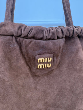 Miu Miu Suede Drawstring Bag In Chocolate