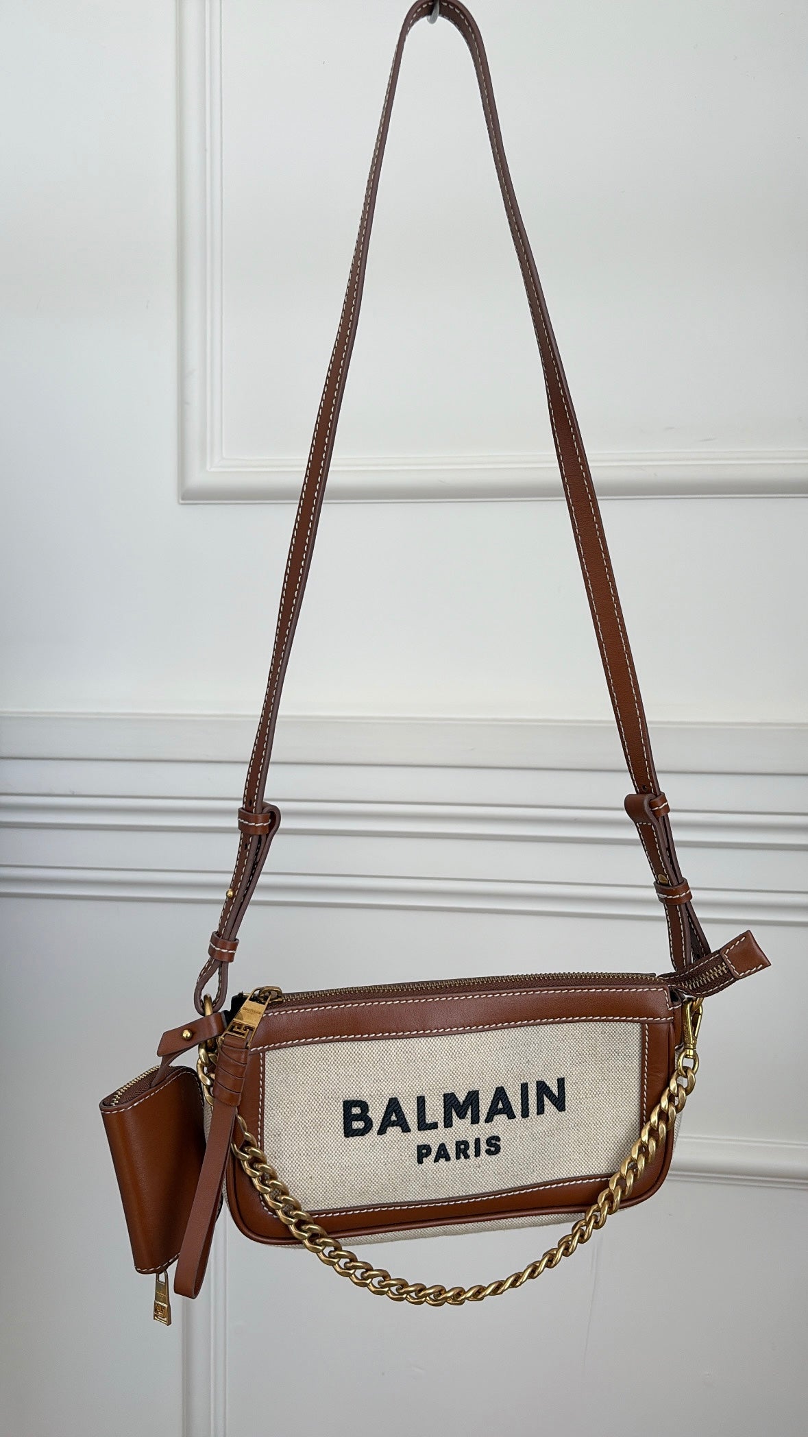 Balmain Tan Leather and Canvas Logo Crossbody bag